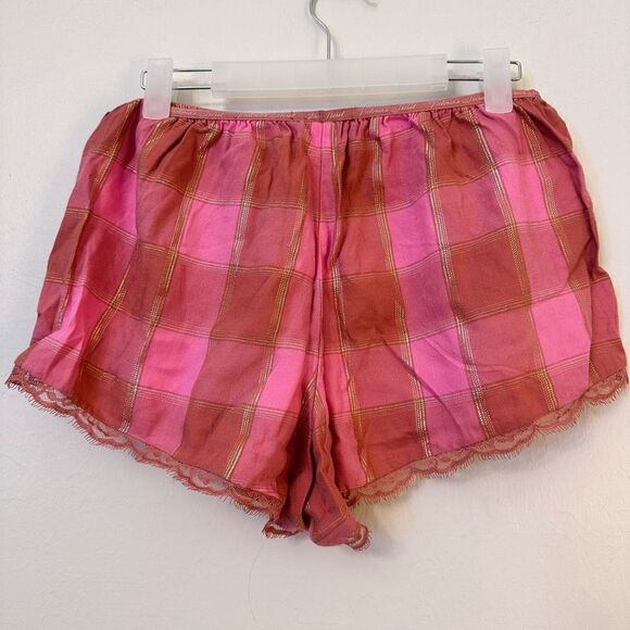 Victoria's Secret Women's Sleep Shorts Plaid Flannel Lace Trim Pink Gold Small - Picture 2 of 4